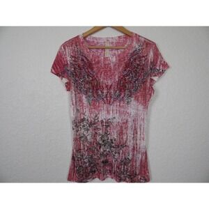 S-Twelve‎ Women's Rhinestone Wing Graphic T-Shirt Top Size Medium Red Y2K Grunge